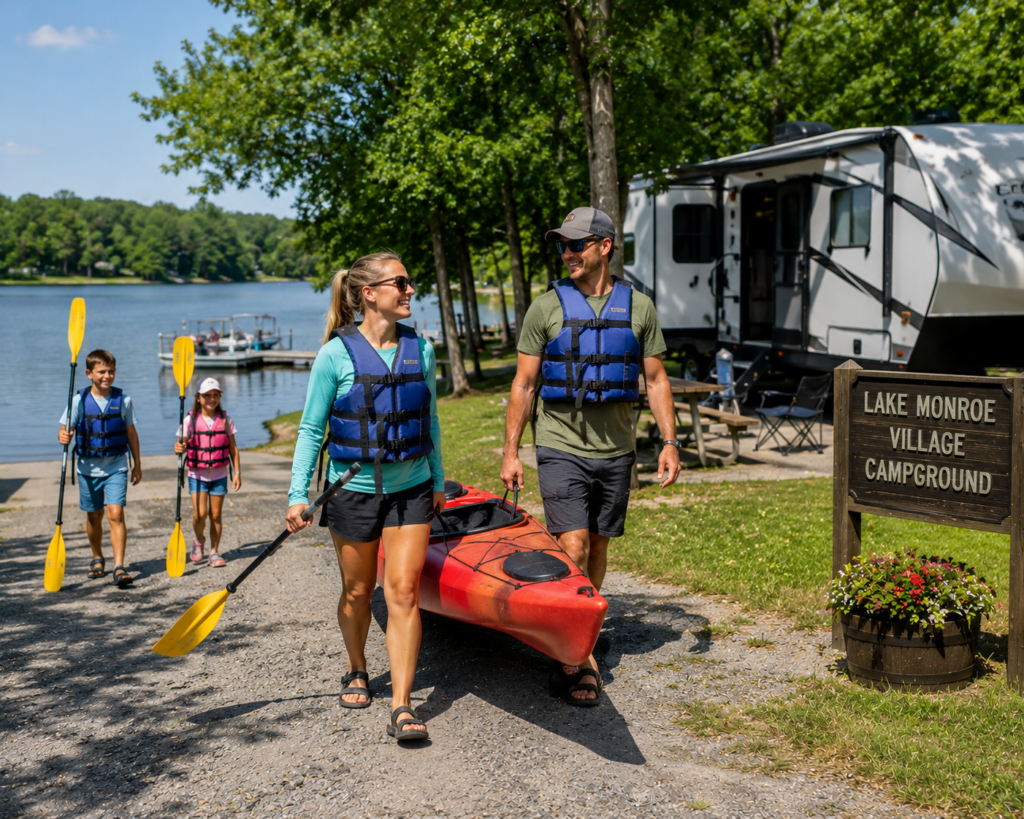 Campers returning from a kayaking trip during a stay near Lake Monroe Village Campground.