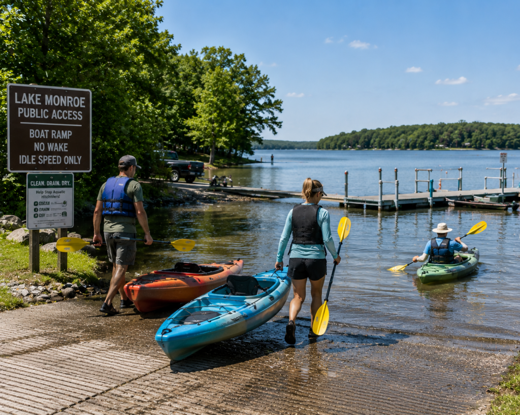 Paddlers launching kayaks from one of the public access ramps at Lake Monroe.